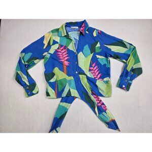 Christian Siriano New York Womens S Tropical Print Linen Blend Tie Front Shirt